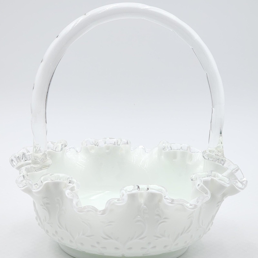 Fenton Spanish Lace White Milk Glass Silver Crest Basket Clear Rim Vintage - Picture 10 of 13